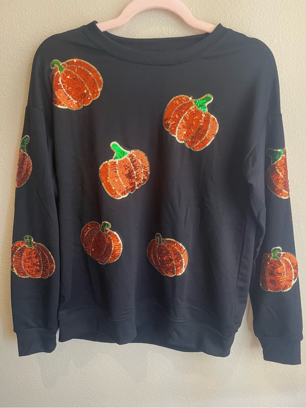 Black Pumpkin Sequin Sweatshirt - Women's Seasonal Sweater